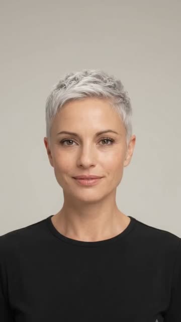 Cropped Tapered Silver Pixie Cut — still from a hairstyle video
