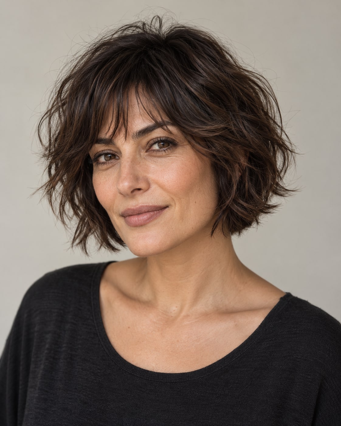 Jaw-length dark brunette shaggy bob with tousled layers and a wispy fringe