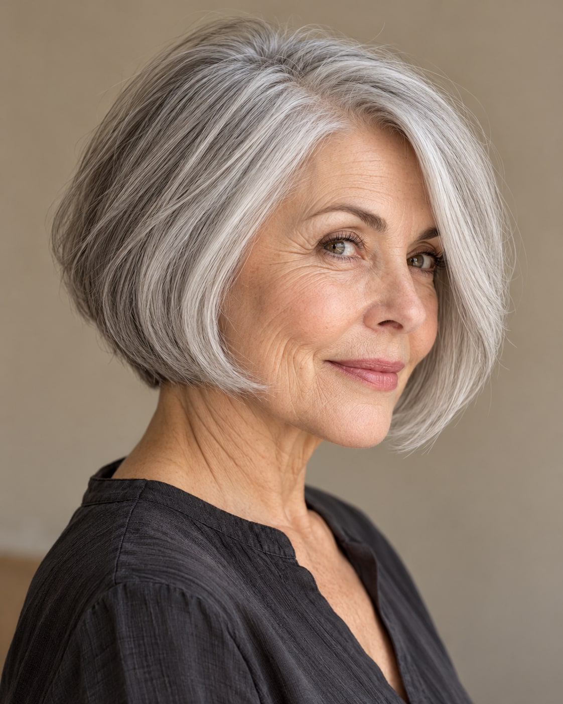 Silver bob with a side part, rounded crown and a shorter graduated back