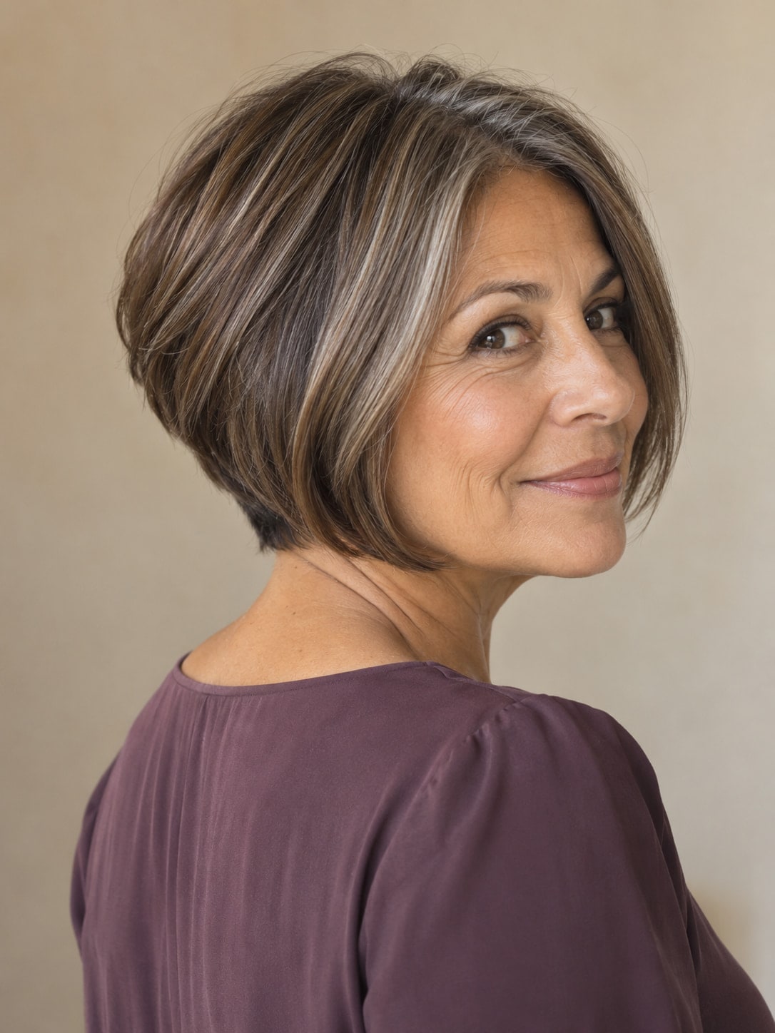 Older woman with a warm-brunette bob, a gently graduated nape and longer jaw-length front sections