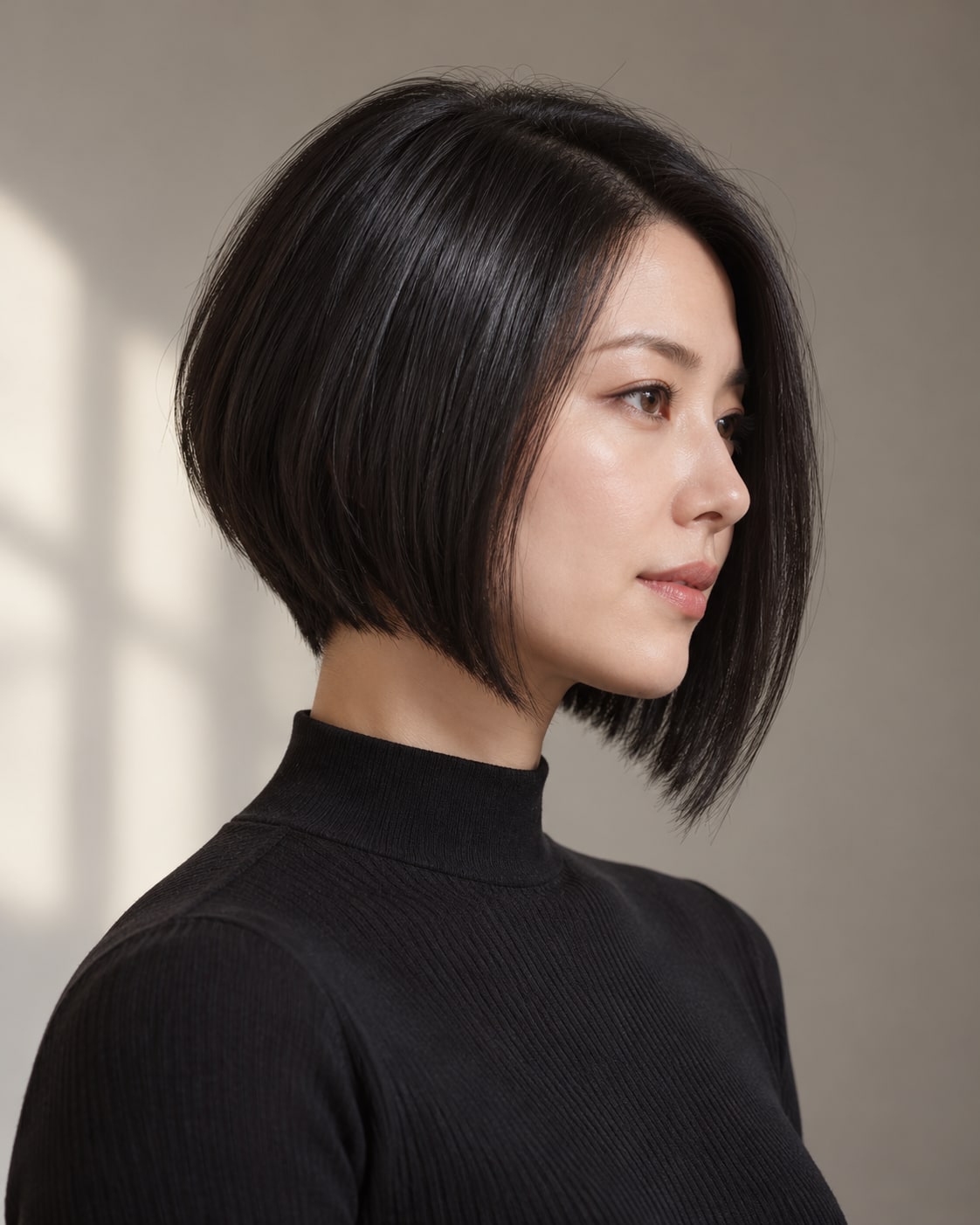 Side view of a sleek black angled bob, shorter at the nape and longer toward the jaw