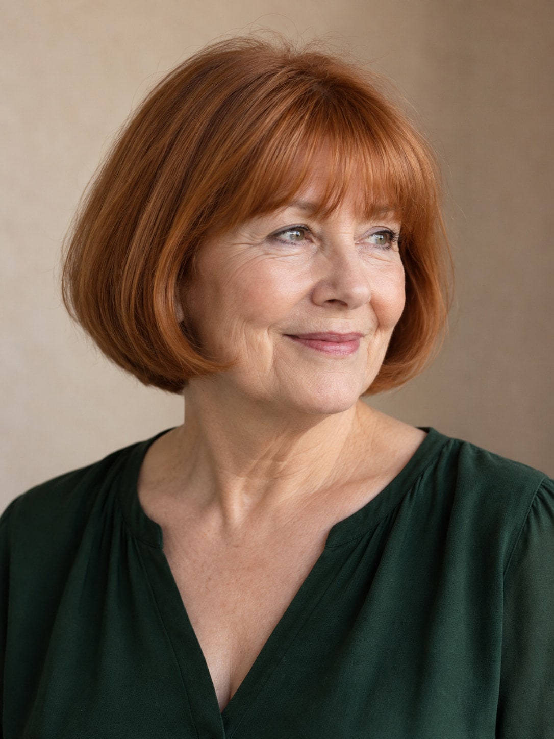 Older woman with a smooth copper pageboy, a rounded lower edge and an even fringe