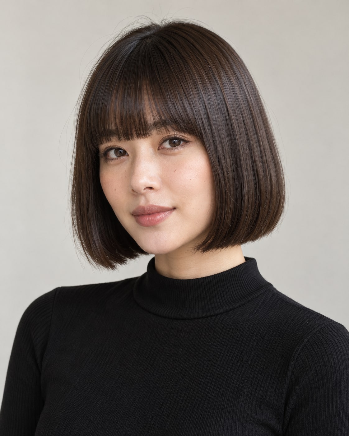 Straight brunette bob with a glossy surface, a defined edge and full eyebrow-skimming bangs