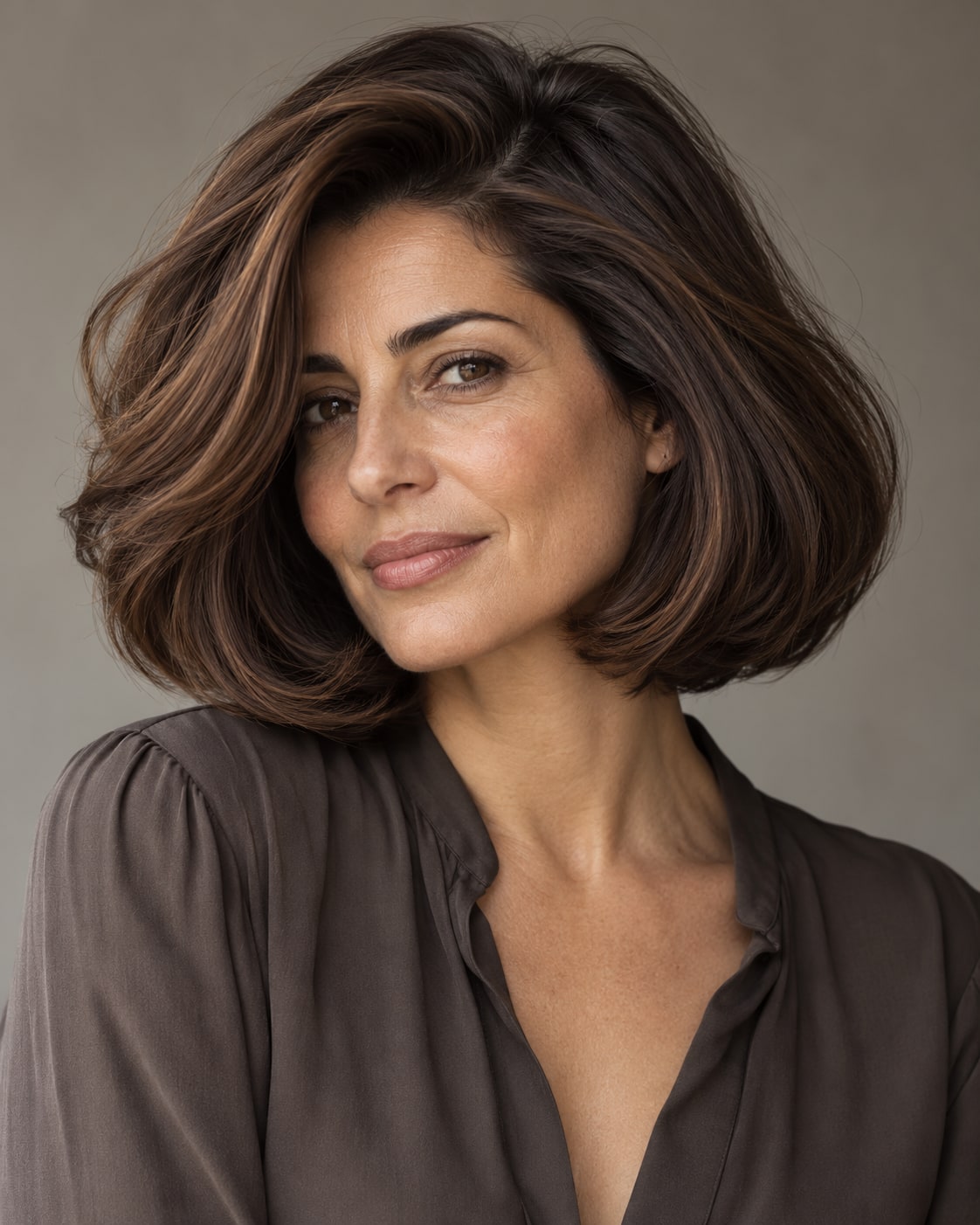 Full warm brunette bob below the jaw with a soft side part and inward-curving ends