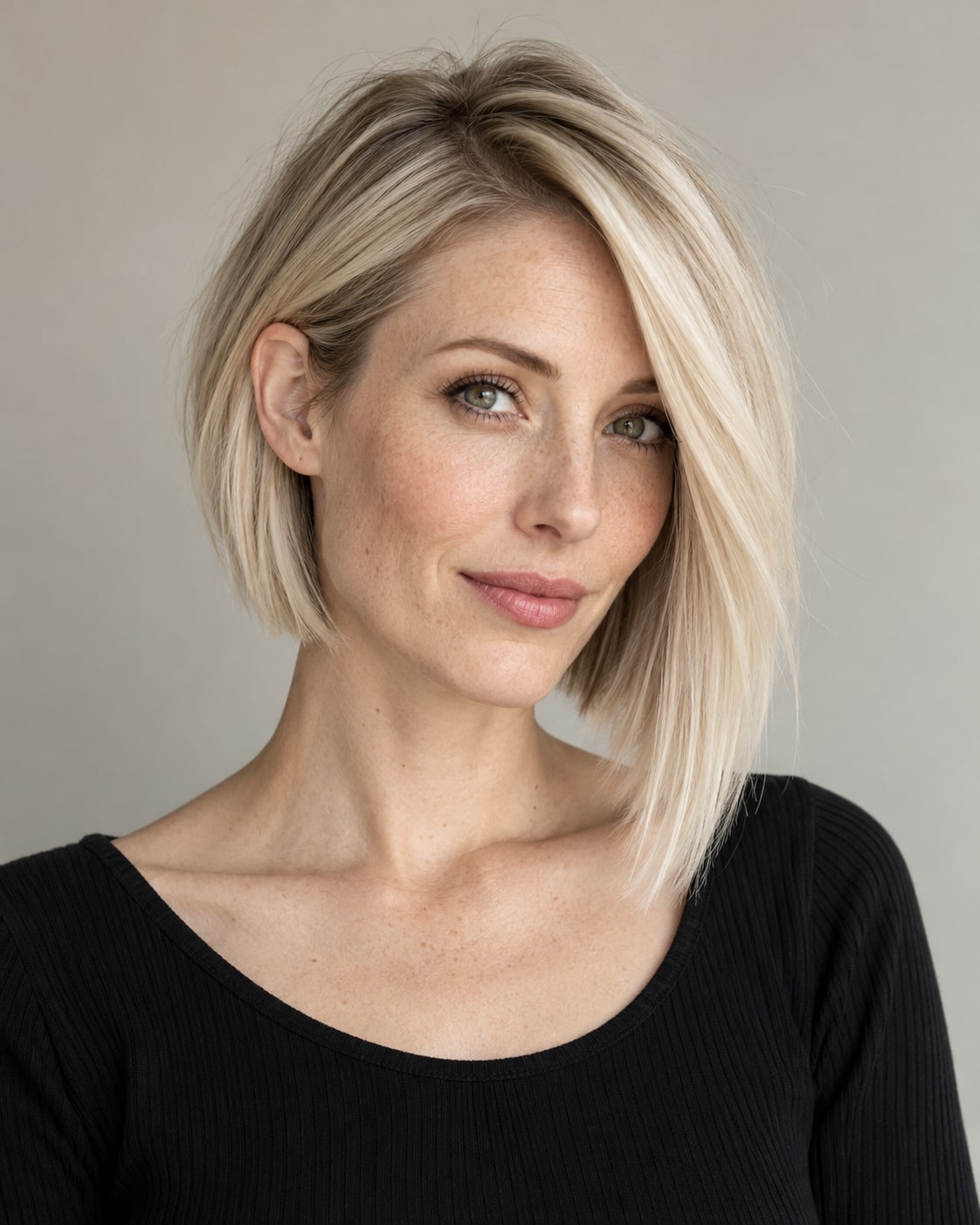 Sleek platinum bob with a deep side part and one side visibly longer than the other