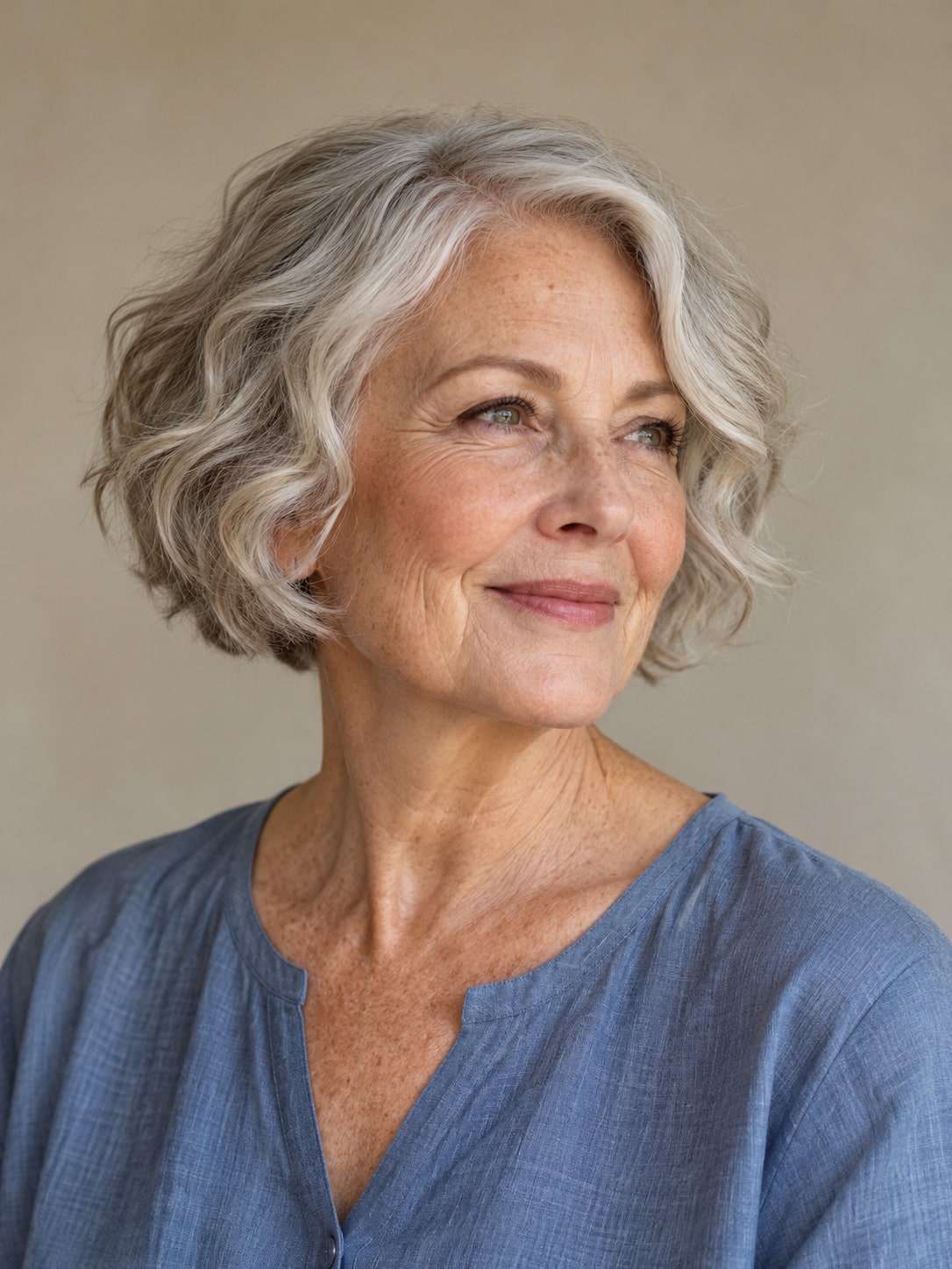 Older woman with a silver ear-length bob, loose waves and a soft side part