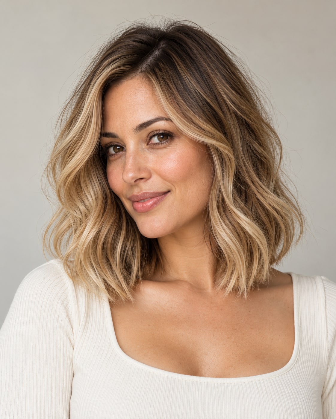 Honey-blonde collarbone-length lob with darker roots and loose waves