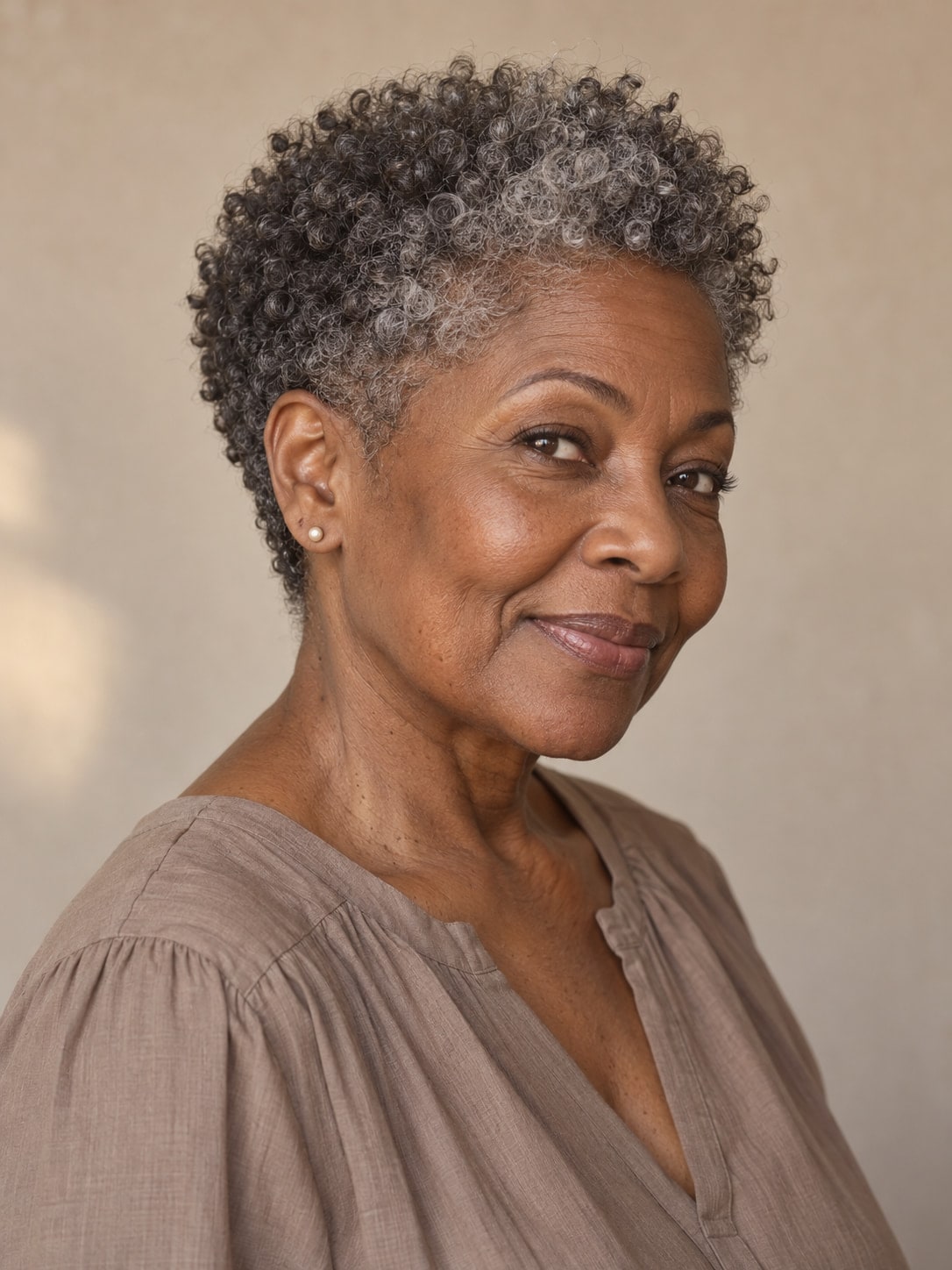 Older woman with salt-and-pepper natural coils, a rounded crown and a tapered neckline