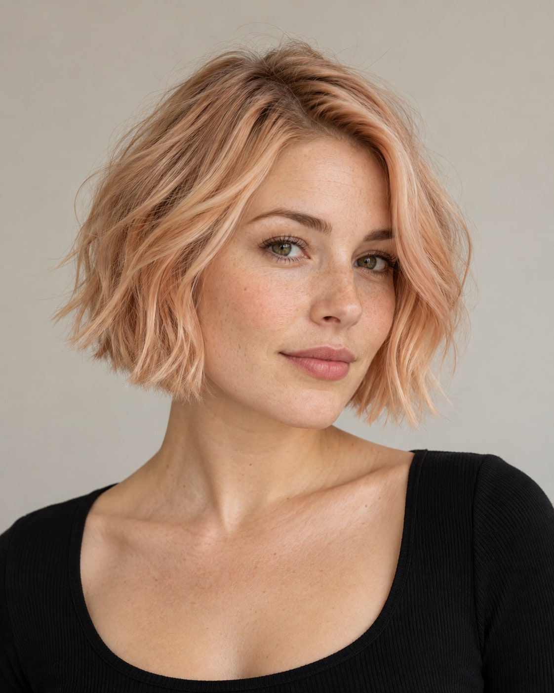 Peach-blonde short bob with airy choppy ends and separated pieces around the face