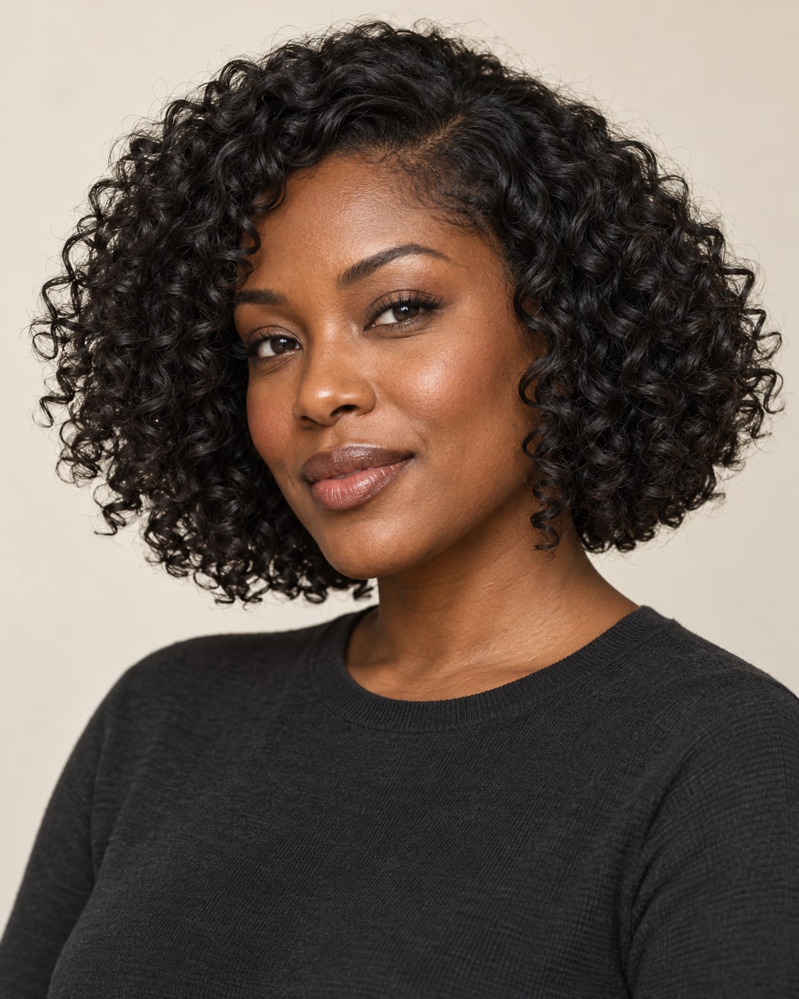 Black curly bob with a rounded silhouette and defined ringlets around the face