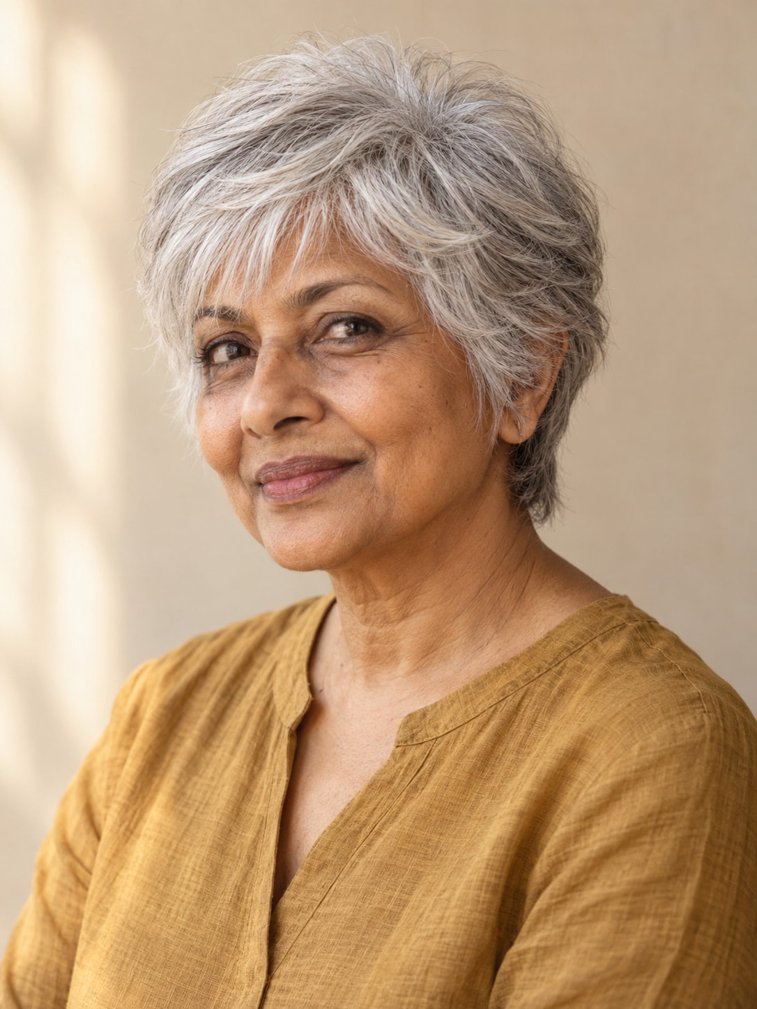 Older woman with a warm-white layered pixie and a wispy brow-length fringe