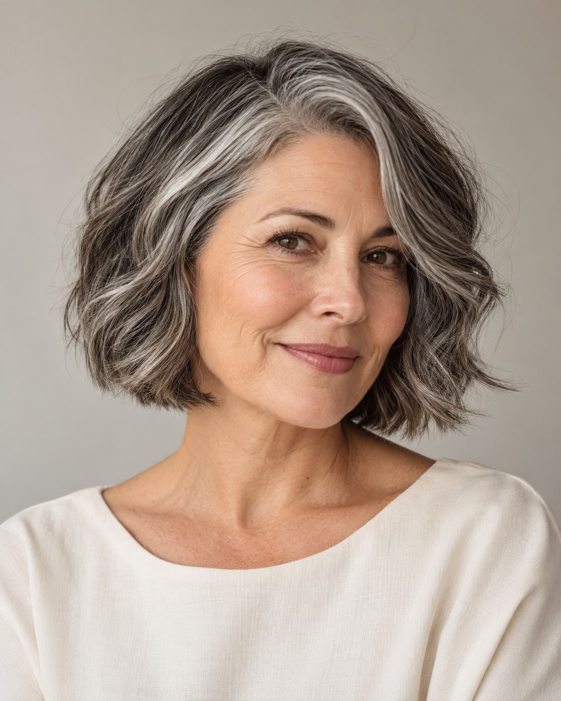 Jaw-length salt-and-pepper bob with soft waves and a gentle side part