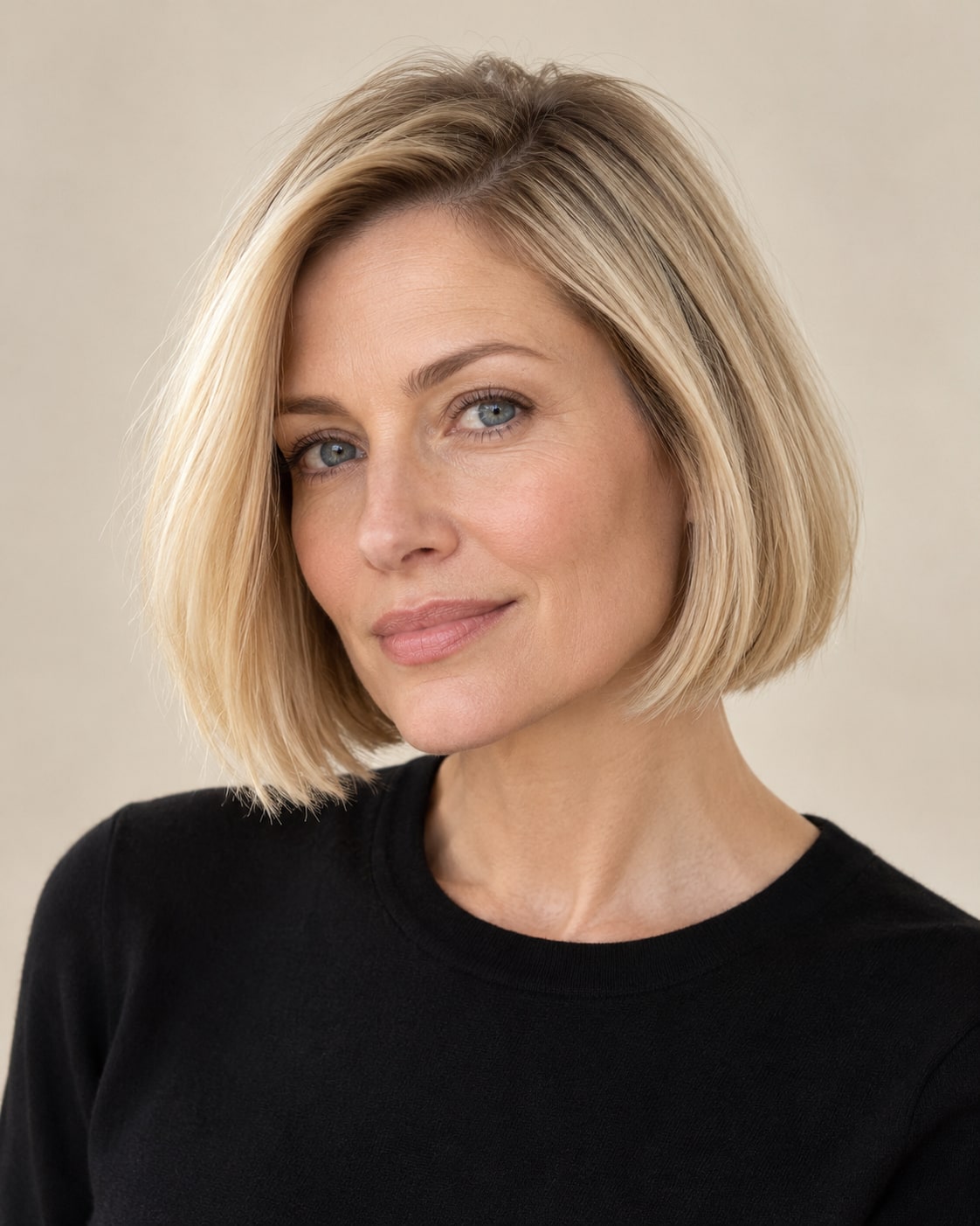 Butter-blonde chin-length bob with a light straight finish and a softly blunt edge