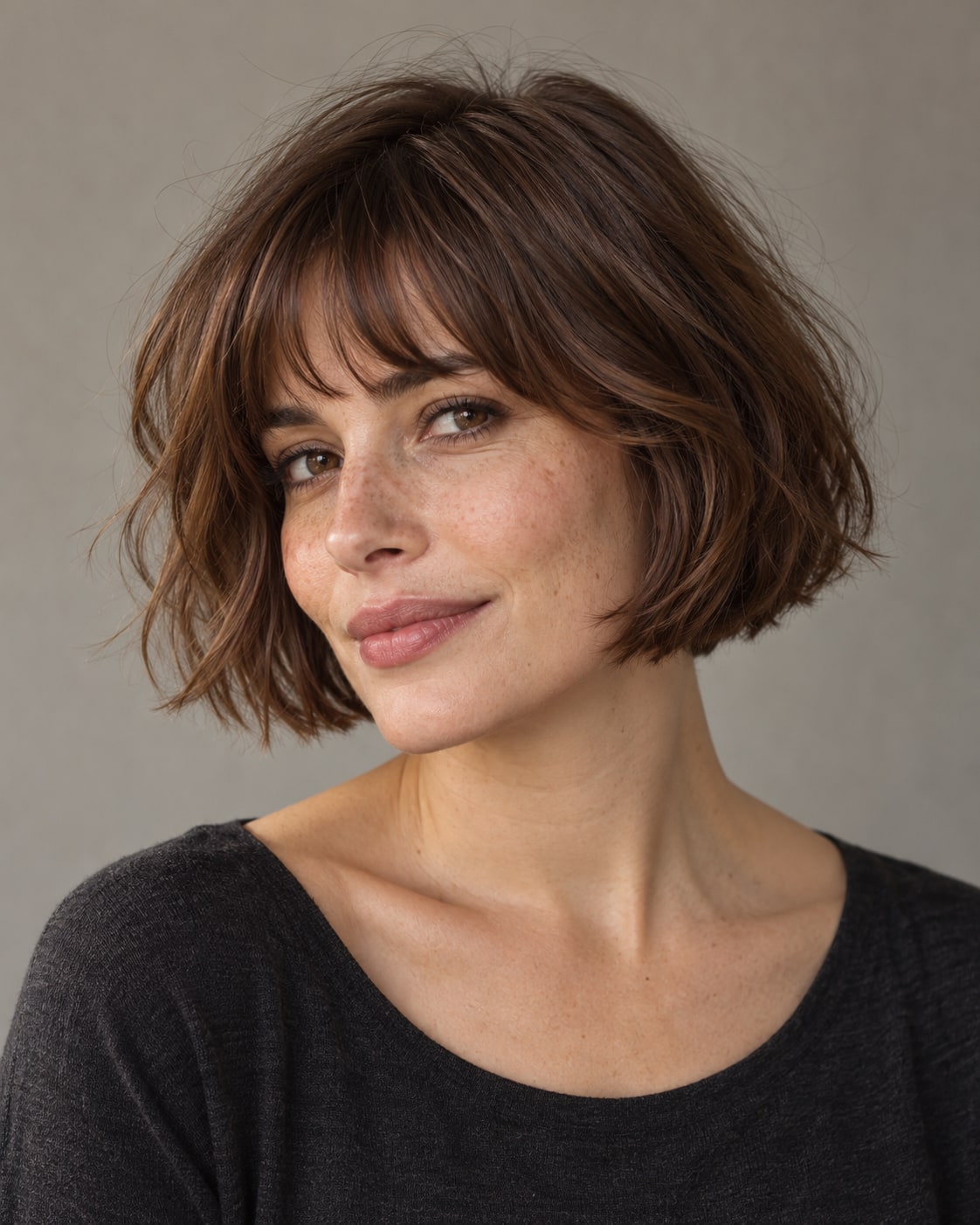 Chestnut jaw-length French bob with softly separated bangs and curved ends