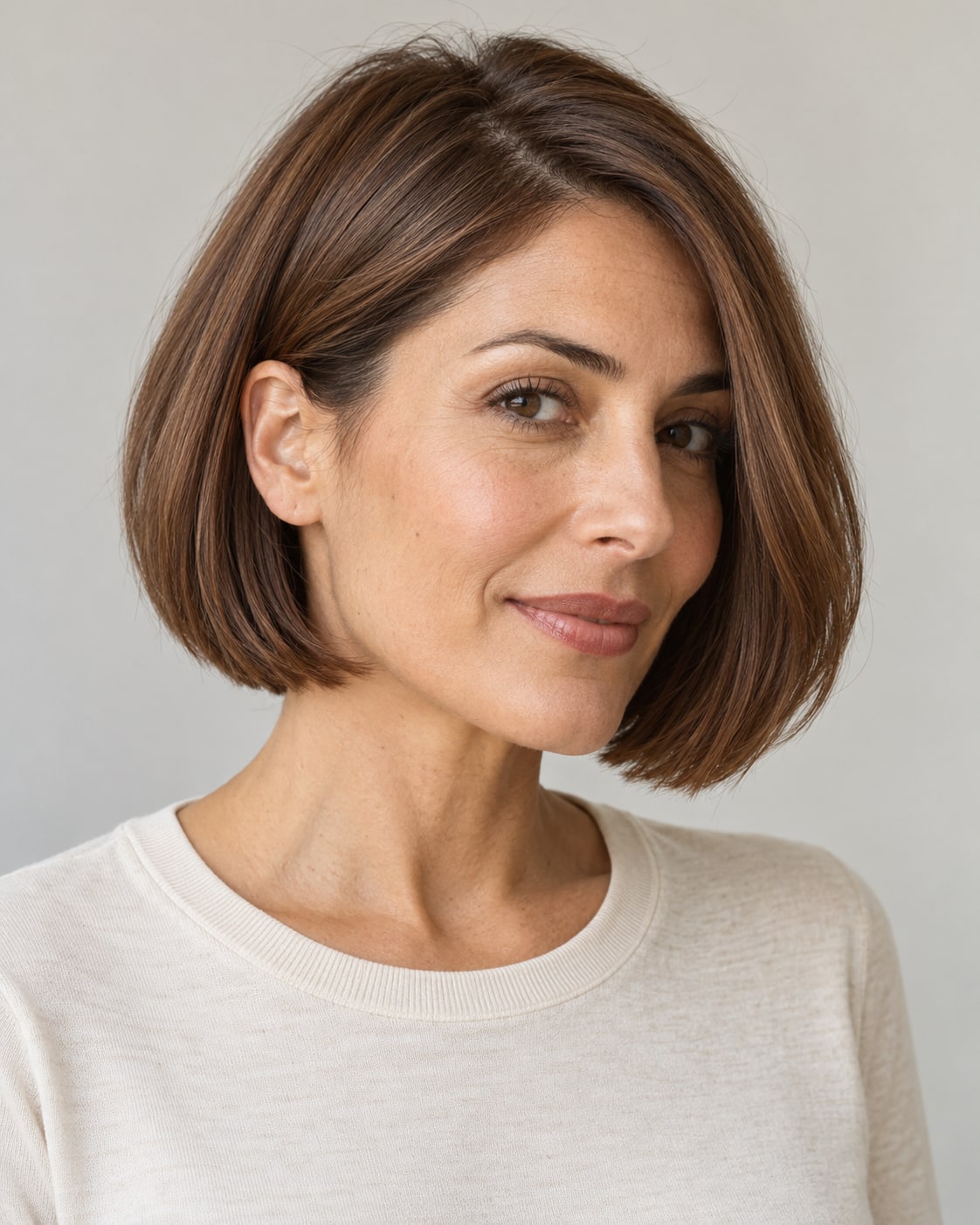 Warm chestnut jaw-length bob with one side tucked behind the ear