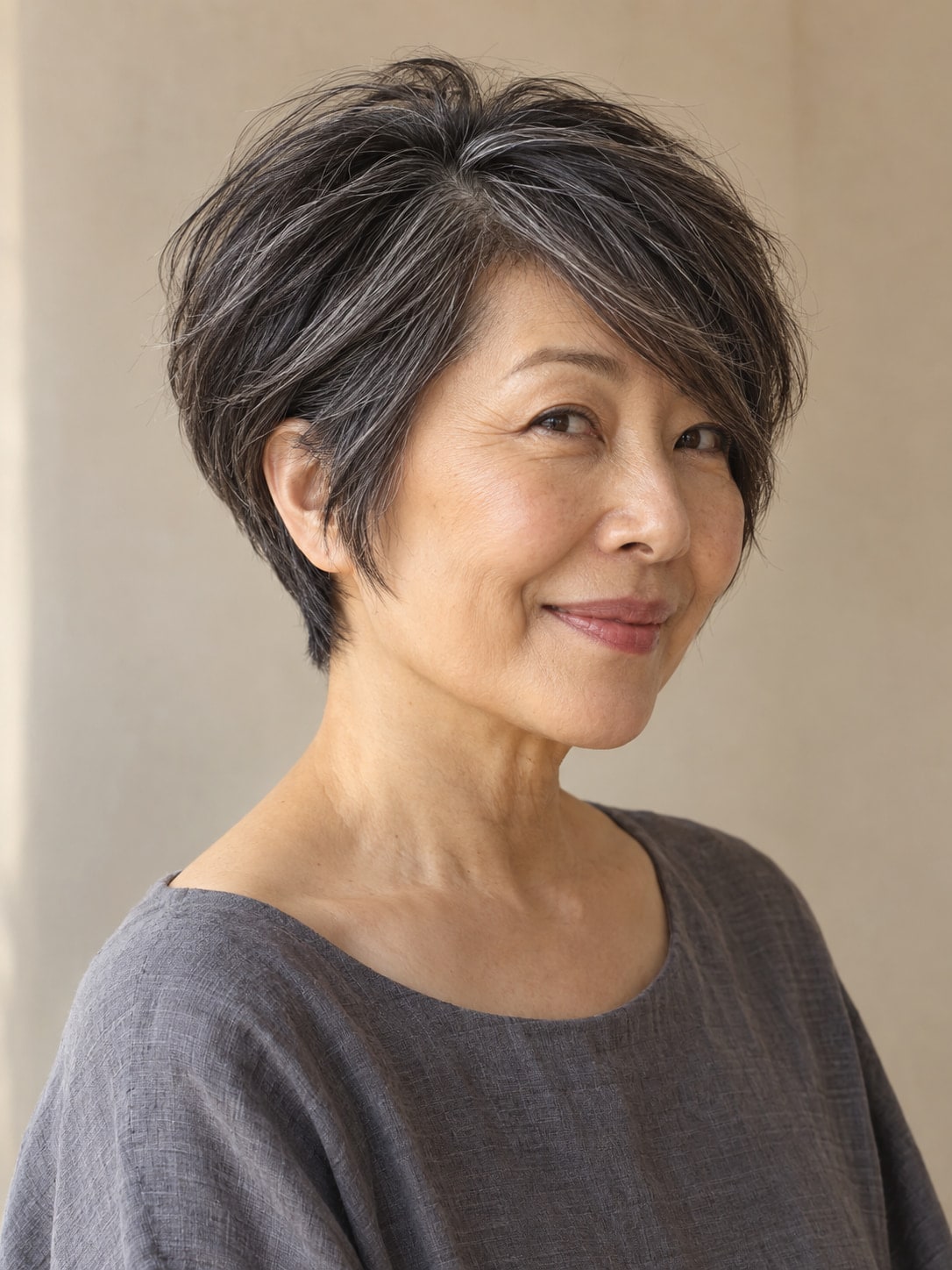 Older woman with an ear-length bixie and a long diagonal side-swept fringe