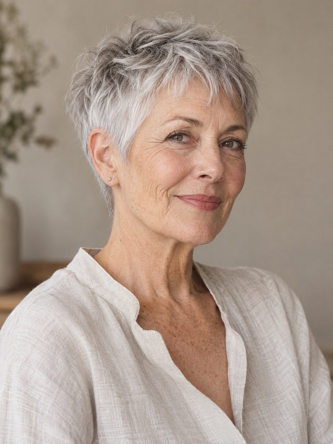 Older woman with a silver pixie, a piecey crown and closely tapered sides
