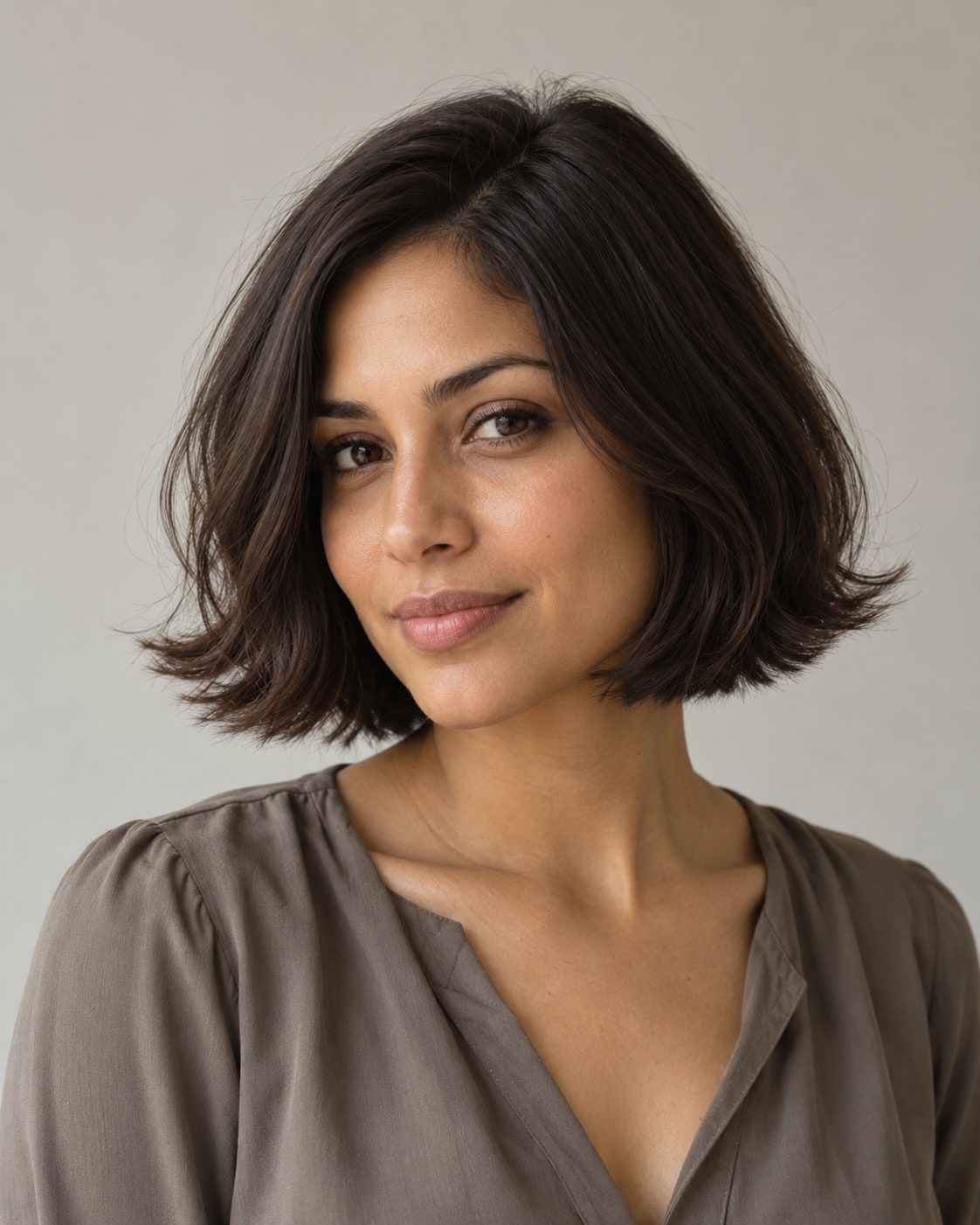 Dark brunette jaw-length bob with a smooth crown and softly flipped-out ends