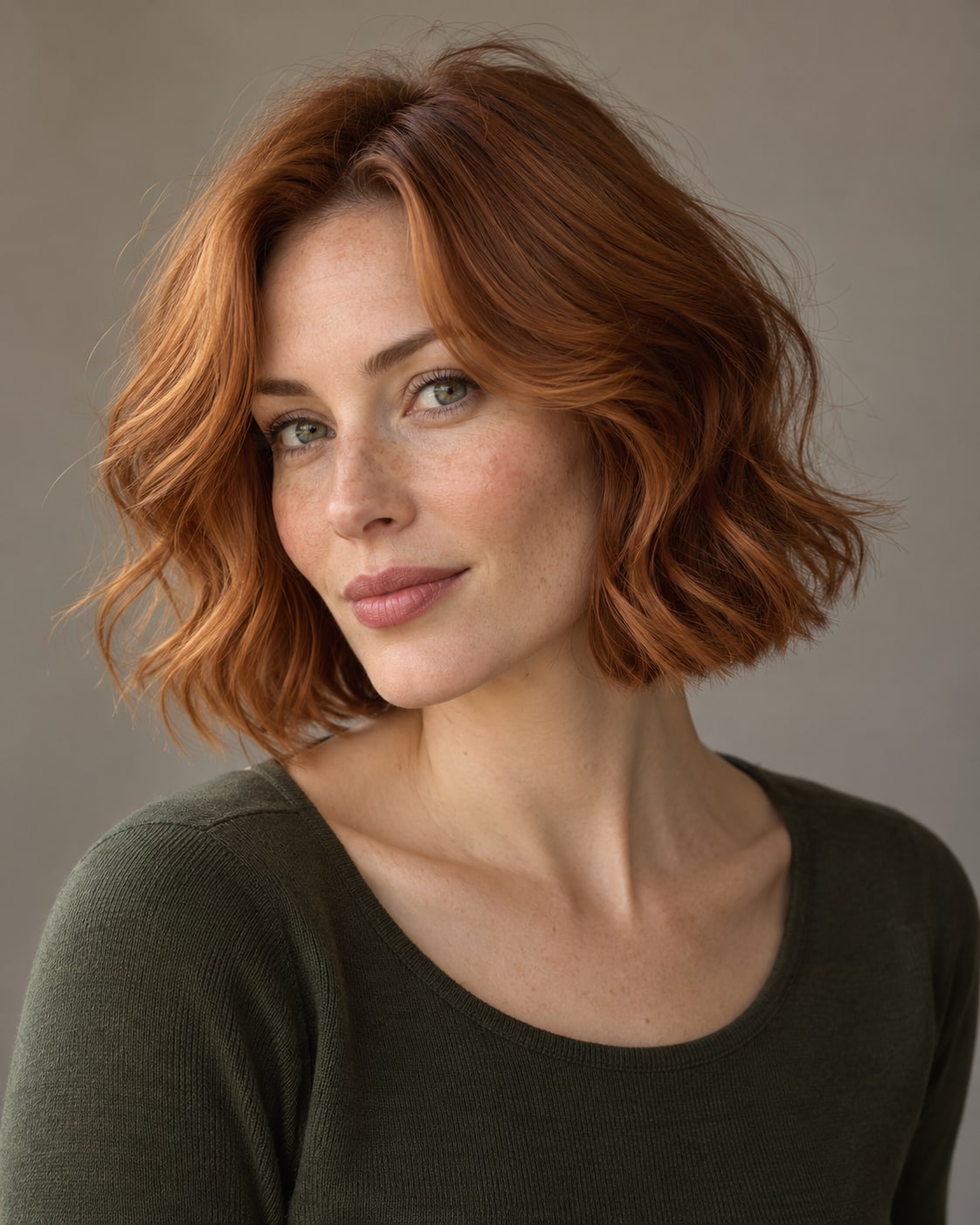 Copper wavy bob with a center-opening curtain fringe and soft bends through the sides