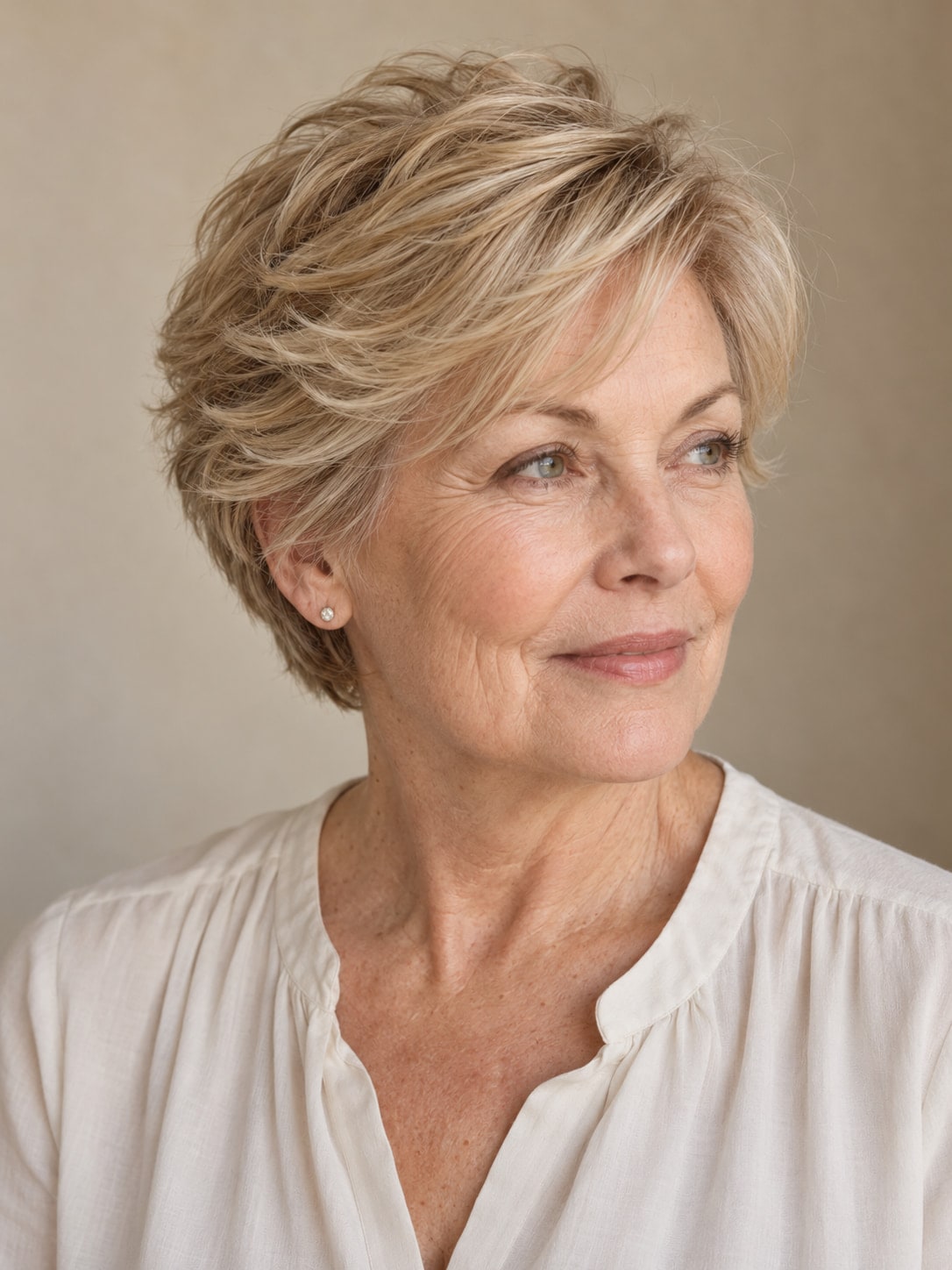 Older woman with a sandy-blonde short cut, a lifted crown and feathered layers swept away from her face