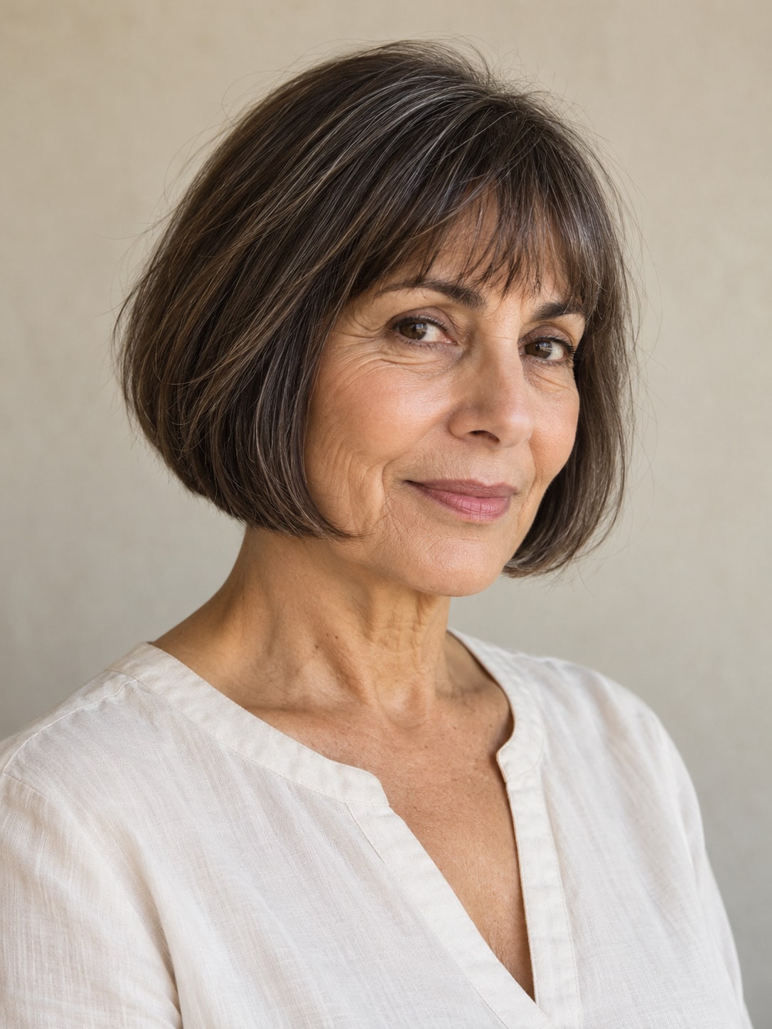 Older woman with a chin-length French bob and a light short fringe