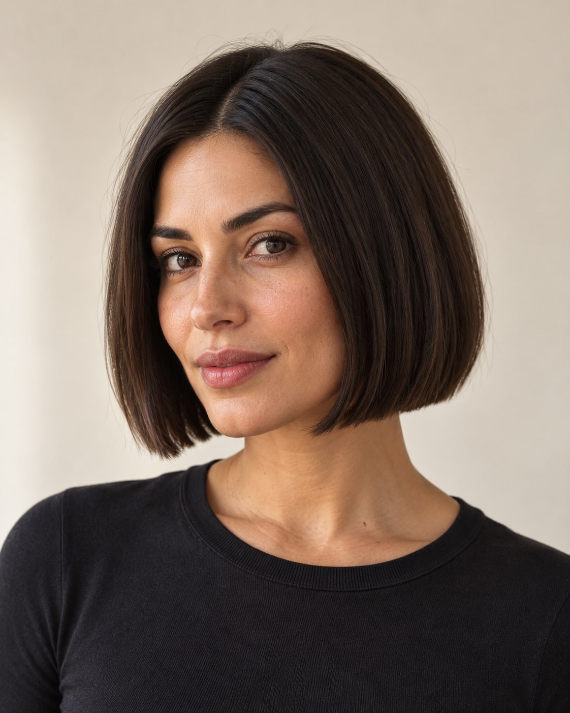 Dark brunette chin-length bob with a center part and a straight, blunt edge