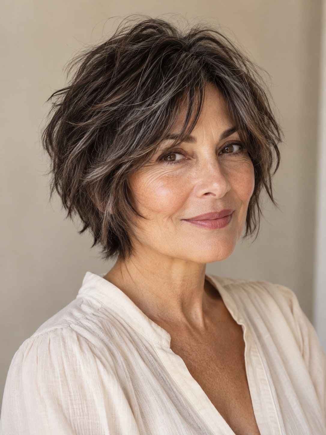 Older woman with a short tousled shag and a center-parted curtain fringe